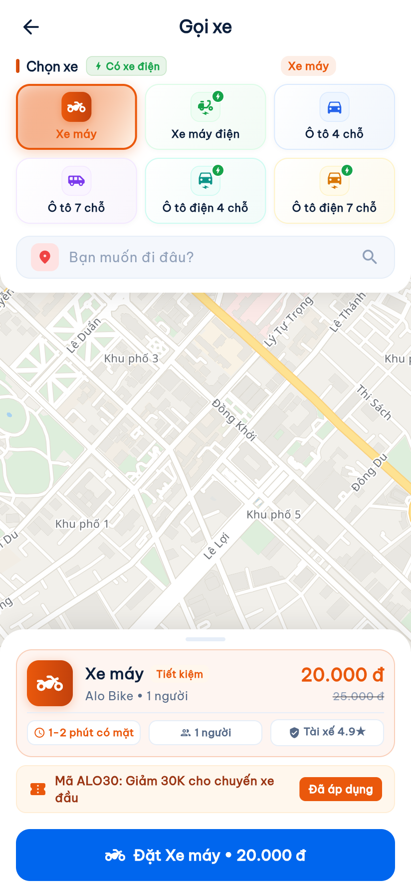 Màn hình đặt xe khách hàng Alo-Đây